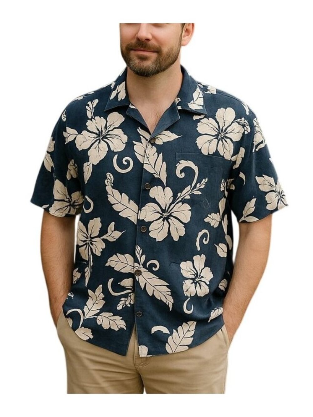 Burma Bibas 100% Silk Hawaiian Shirt - Blue & Beige Floral - Men's Medium